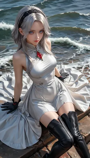 High Quality, Carlotta from Wuthering Waves, slender body, Medium breasts, long Silver hair, greyish blue eyes, red and black hairband, White Sleeveless Dress, Red Shoal, thigh-high black boots and bold black stockings, Above view, (((Long Silver Hair:1.5))), Carlotta, def, white, dress, 1girl, thighhighs, long, silver, hair, black, footwear, gloves, <lora:Carlotta-noob-Tanger:.8>