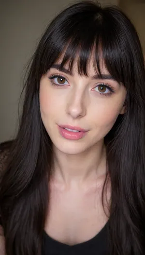 ziprealism, (medium closeup shot, sharp focus, focus on eyes, perfect eyes:1.2), (adoring girlfriend, sense of playfulness, intimate esthetic, mischievous eyes, charismatic, loving gaze), (subtle freckles, soft blush), (glossy black hair, very long hair, bangs hair cut, hair framing face, stray hair:1.6), (round face, heart-shaped face, soft face, large doe eyes, subtle makeup, defined cheekbones, long eyelashes, adorable dimples:1.5), (casual dress, cleavage, narrow waist, wide hips:1.4), shallow depth of field, bokeh background, RAW photo quality, striking visual contrast, (overexposed:.4), <lora:Rawfully Stylish v0.2_epoch_20:.1>