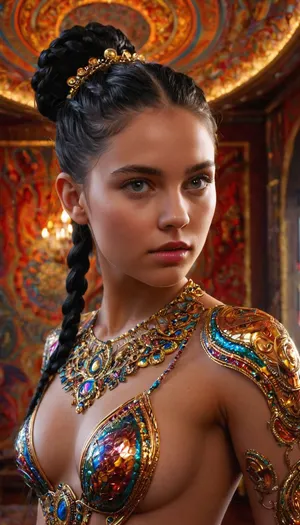 19 years old naked goddess, digital painting, psychedelicai goddess posing in a shiny room, black hair, braided ponytail style, detailed face, detailed eyes, metallic, fractal, Meticulous, Refined, High-Quality, Well-executed, Extraordinary, Artistic Triumph, Unparalleled Masterwork, Sharp Focus, Precise Clarity, 32k, ultra-high resolution, Full-Frame DSLR, Global Illumination, Dynamic Lighting, soft particles, real-time ray tracing, extremely detailed, <lora:psychedelicai-SDXL:.5>
