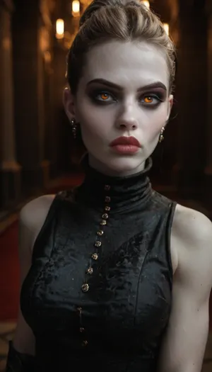 Beautiful strong fit woman, (light brown hair, slicked), high cheek bones oval face, full lips, pale red lips, (Pale skin:1.9), (bright hazel eyes, dark eyeliner and smokey eye shadow), (Wearing somber faded black dress with subtle embroidery, sleeveless, with a high collar and high black boots, reinforced with armor), (serious body language and facial expression), (dark gothic castle interior), (night), realistic detailed face, detailed hair, realistic detailed body, realistic detailed skin, realistic detailed large sagging breasts, realistic detailed hairy pussy, random view angle, action pose, <lora:add-detail-xl:1.5>, <lora:style_lora_realis:.5>, <lora:dark:1>, detailxl