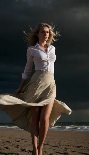 beach, professional photography, high quality, artistic, soft, romantic atmosphere, beautiful thin blonde woman secretary, unbuttoned white shirt, bra, show pussy, upskirt, storm, long skirt, (((windyskirtlift))), (((wind lifting skirt))), ((Wind)), (((strong wind))), undressing, sunlight_str1, <lora:add-detail-xl:2>, <lora:dark:.8>, <lora:undressing_XL_v1:2>, <lora:sunlight_str1-SDXL_v1-dim64-steps1691:.8>