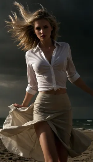 beach, professional photography, high quality, artistic, soft, romantic atmosphere, beautiful thin blonde woman secretary, unbuttoned white shirt, bra, show pussy, upskirt, storm, long skirt, (((windyskirtlift))), (((wind lifting skirt))), ((Wind)), (((strong wind))), hairy pussy, undressing, sunlight_str1, <lora:add-detail-xl:2>, <lora:dark:.8>, <lora:undressing_XL_v1:2>, <lora:sunlight_str1-SDXL_v1-dim64-steps1691:.8>