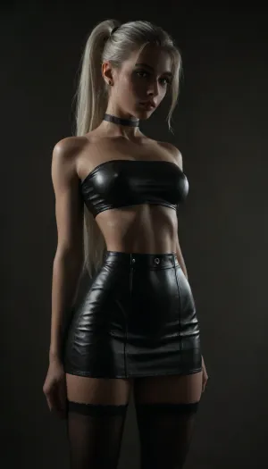 (score_7_up, score_8_up, score_9, 1girl, solo, masterpiece), sultry, seductive, seducing, alluring, intimate, sexual, horny, ((long white ponytail:1.5)), (black leather micro skirt), 18yo girl, (athletic skin body), (narrow waist:1.4), ((hip gap)), insatiable, lustful, erotica, irresistible, ziprealism, wet clothes, ((black leather tiny tube-top With a shoelace:1.4)), (white strings), erected nipples, black choker, oiled skin, (black leather stockings), (garters), (black background, chiaroscuro lighting:.5), underboob, eyes shadows, <lora:sunnyrayyxo_v1_SDXLBase:.4>, <lora:dark:.4>