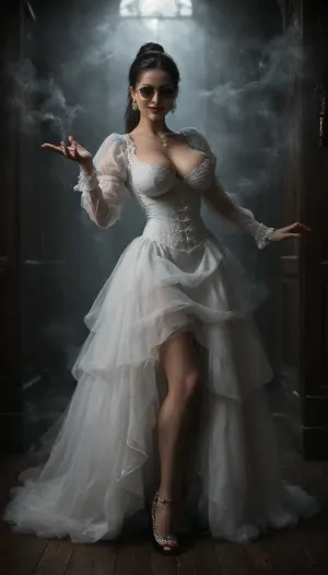 a beautiful busty Victorian witch made of smoke in a large wooden hall filled with candelabras everywhere, (black hair in a ponytail), looking at viewer, elegant white dress made of fog with puffy lace sleeves, wasp waist, leather heels, (round breast implants), sunglasses, red lips, ((smiling)), blue eyes, a skull made of glowing smoke floating above her outstretched hand, msfg, <lora:dark:.2>, <lora:fog_creatures_v4:1.7>