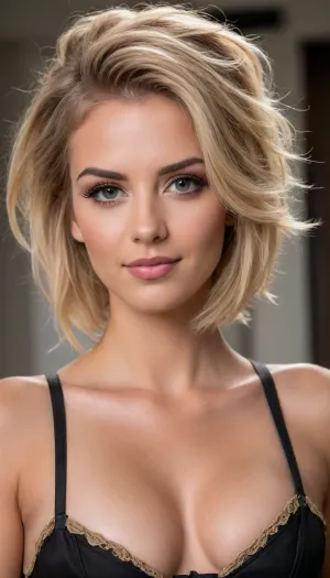 ziprealism, (medium full shot, sharp focus, focus on eyes, perfect eyes, low angle shot:1.2), (fierce young woman, intimate bedroom esthetic, mischievous eyes, rockstar attitude, confidence, poised, regal attitude, sly mischievous smirk), (sandy blonde hair with dark highlights, undercut hair, short hair, thick hair, swept back hair style, stray hair, messy hair:1.8), (powerful facial features, strong jawline, wide jaw, long eyelashes, heavy eyeliner, dimples:1.5), (strict corset, narrow waist:1.6), shallow depth of field, bokeh background, RAW photo quality