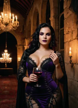 (Masterpiece, 8k, ultra realistic, high quality photography, hdr, High resolution, perfect image composition), (extreme detailed face:1.4), A stunningly beautiful, busty emo woman in the midst of an electrifying gothic soiree. Draped in a form-fitting black lace dress with a plunging neckline, her voluminous black hair is styled in dramatic waves that cascade over her shoulders, adorned with a sprinkling of purple streaks that complement her piercing, kohl-rimmed eyes. The stark contrast of her crimson lipstick and the paleness of her skin add to her enigmatic allure. Her ample chest is embellished with a spiderweb-designed push-up bra that peeks through the intricate lace of her garment, which clings to her curvy figure as if painted on. Her attire is completed by a pair of towering platform boots with buckles that add an edgy flair to her overall look. She stands in a grand, dimly lit ballroom with arched windows revealing a moonlit night beyond. The walls are adorned with velvet drapes and flickering candles cast eerie shadows that dance upon the aged stone walls, which are adorned with gothic sculptures and cobwebs. Guests in various dark, alternative outfits mingle in the background, some with vampiric and Victorian-inspired accessories. The woman holds a goblet of deep red liquid, possibly wine, and her expression is a blend of confidence and mischief. Above her, a crystal chandelier casts a warm glow, illuminating the scene with a mysterious and romantic ambiance. The vibe of the party is a mix of decadence and macabre, with guests moving to the rhythmic beats of industrial-infused music, creating an atmosphere that is both haunting and exhilarating, <lora:SDXLHighDetail_v6-000005:.8>