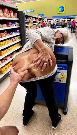 beautiful grandma at walmart self checkout, self fisting her asshole, other people watching, jerking off