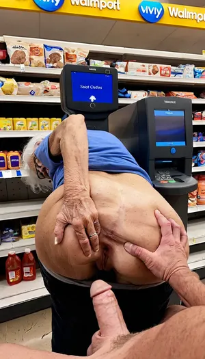 beautiful very old lady at walmart self checkout, self fisting her asshole, other people watching, jerking off