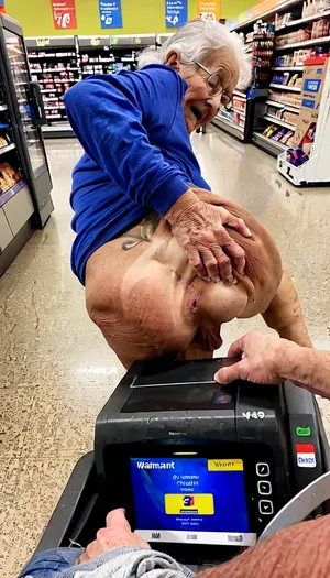beautiful very old lady at walmart self checkout, self fisting her asshole, other people watching, jerking off