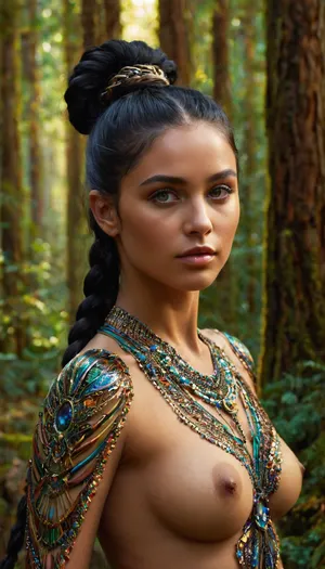 19 years old naked goddess, digital painting, psychedelicai goddess posing in a shiny forest, black hair, braided ponytail style, detailed face, detailed eyes, metallic, fractal, Meticulous, Refined, High-Quality, Well-executed, Extraordinary, Artistic Triumph, Unparalleled Masterwork, Sharp Focus, Precise Clarity, 32k, ultra-high resolution, Full-Frame DSLR, Global Illumination, Dynamic Lighting, soft particles, real-time ray tracing, extremely detailed, <lora:psychedelicai-SDXL:.8>