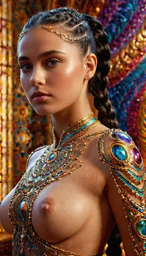 19 years old naked goddess, digital painting, psychedelicai goddess posing in a shiny room, black hair, braided ponytail style, detailed face, detailed eyes, metallic, fractal, Meticulous, Refined, High-Quality, Well-executed, Extraordinary, Artistic Triumph, Unparalleled Masterwork, Sharp Focus, Precise Clarity, 32k, ultra-high resolution, Full-Frame DSLR, Global Illumination, Dynamic Lighting, soft particles, real-time ray tracing, extremely detailed, <lora:psychedelicai-SDXL:.8>