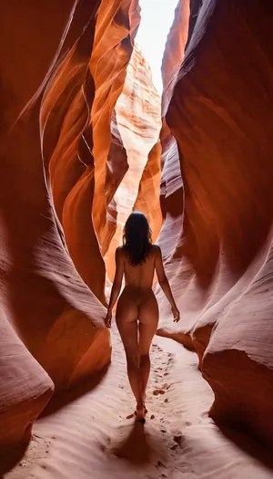 Ultra detailed realistic, walking through a narrow slot canyon, dusty light rays, red desert layered smooth rock walls, sandy ground, nude woman, viewed from behind