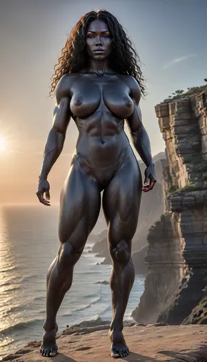 full body view of a voluptuous black African American milf in a dynamic pose, (obsidian skin:1.9), (((standing on a cliff overlooking the ocean in bright sunlight))), ((((facing the sun)))), ((((full body view:1.5)))), (naked:1.6), (huge bolt-on tits and fit toned body:1.4), (thick thighs:1.4), powerful legs, (strong legs), (muscular thighs:1.4), ((muscular calves)), (((perfect abs:1.4))), (oiled skin:1.3), reflective skin, seductive gaze, flawless eyes, (masterpiece:1.2), long messy hair, (perfect hands:1.4), provocative pose, 4ng3l, face, <lora:uberfit_lora_sdxl:.4>, <lora:SDXL_BetterFaces-LoRA_v1:.3>