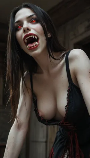 masterpiece, score_9, score_8_up, score_7_up, 1girl, from below, beautiful sexy terrifying vampire woman in a black dress leaning over the viewer inside a dark room at night, medium shot, (standing and lunging forward), threatening pose, ((red eyes:1.5)), (stunning pale white-skinned vampire woman with long flowing black hair and wearing a black brocaded dress), slender very tall body, (ghastly pale pale white skin), (blood-soaked mouth with vampire fangs dripping blood:1.2), (((very very long vampire fangs:1.7))), hungry expression, large naturally sagging breasts with prominent pale nipples, hawkish nose, tall tall face, black eyebrows, strong cheekbones, (hairy bush), ((black brocaded dress)), downblouse, face focus, cleavage, nighttime, inside a very dark room with stone walls at night, dim lighting, very aesthetic, subsurface scattering, decaying skin texture, rotted skin texture, detailed skin texture, skindentation, vampire woman, insane level of detail, horror, scene, dark, glowing, eyes, rooms, girl, gore, <lora:Mistress_of_the_night-000016:.5>, <lora:style_lora_realis:1>, <lora:3cfdf102b8e09e99ae7eb77b194d9459:1>