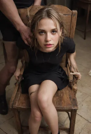 39 year old female, podgy body type, blonde hair tied up in a bun, sitting on chair, black dress, skirt, black sheer pantyhose, looking up her skirt, view from beside, view under her skirt, focus on her lace briefs panties, close-up on her panties, cute panties, sultry stare, torture chair, ropes, forced to pose, captured woman, rape fantasy, saying help me, save me pose, Ransome video stills, bondage roleplay, being kidnapped, abduction, rape scene, doused in water, soaking wet, wet hair, please save me image, in the basement, torture scene, held captive for ransom, playing as a dead body in a movie, scene from a horror movie, Texas chainsaw massacre movie, scene frame from a movie, lifeless, <lora:Chubby BBW - XL:.5>, <lora:hrg:.7>, <lora:MS_Real_XL_Bukkake:.6>
