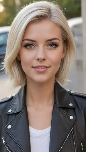 ziprealism, (medium closeup shot, sharp focus, focus on eyes, perfect eyes:1.2), (stunning young woman, candid snapshot esthetic, mischievous eyes, rockstar attitude, confident, wide brilliant smile), (subtle freckles, soft blush), (silver-blonde hair, short hair, voluminous hair, swept-back hair style, stray hair:1.6), (fierce face, long eyelashes, dimples:1.5), (leather jacket, open jacket:1.8), shallow depth of field, bokeh background, RAW photo quality