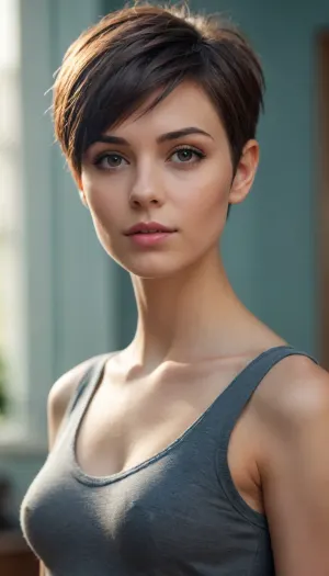 young woman with boyish figure, super sexy, pixie haircut