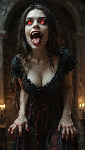 masterpiece, score_9, score_8_up, score_7_up, 1girl, from below, beautiful sexy terrifying vampire woman in a black dress leaning over the viewer inside a dark room at night, medium shot, (standing and lunging forward with claws out), threatening pose, stunning pale white-skinned vampire woman with long flowing black hair, slender very tall body, ghastly pale pale white skin, (blood-soaked mouth with vampire fangs dripping blood:1.2), (((very very long vampire fangs:1.7))), ((bright red glowing eyes:1.5)), hungry expression, large natural breasts, tall tall face, hawkish nose, black eyebrows, strong cheekbones, ((black brocaded dress)), cleavage, inside a very dark room with stone walls at night, dim lighting, very aesthetic, subsurface scattering, decaying skin texture, rotted skin texture, detailed skin texture, skindentation, vampire woman, insane level of detail, horror, scene, dark, glowing, eyes, rooms, girl, gore, <lora:Mistress_of_the_night-000016:.5>, <lora:3cfdf102b8e09e99ae7eb77b194d9459:1>, <lora:MJ52:1>