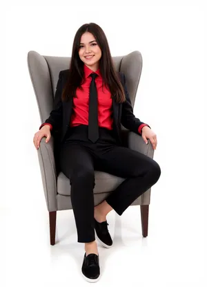 girl, argentina, black hair, full body, 18 years old, smile, sit on chair, perfect pussy, black suit, red office shirt long sleeve, black tie, black sneakers, white background