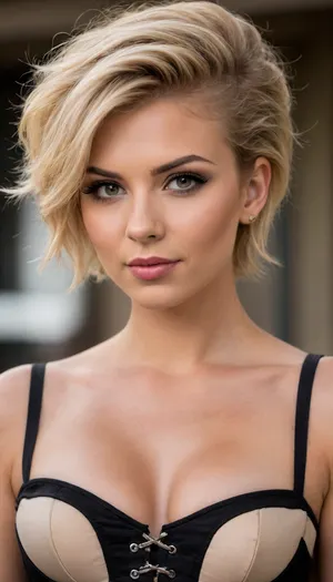 ziprealism, (medium full shot, sharp focus, focus on eyes, perfect eyes, low angle shot:1.2), (fierce young woman, sensual snapshot esthetic, mischievous eyes, rockstar attitude, confidence, poised, regal attitude, sly mischievous smirk), (sandy blonde hair with dark highlights, undercut hair, short hair, thick hair, swept back hair style, stray hair, messy hair:1.8), (powerful facial features, strong jawline, wide jaw, long eyelashes, heavy eyeliner, dimples:1.5), (corset top, rockstar wardrobe, narrow waist:1.6), shallow depth of field, bokeh background, RAW photo quality