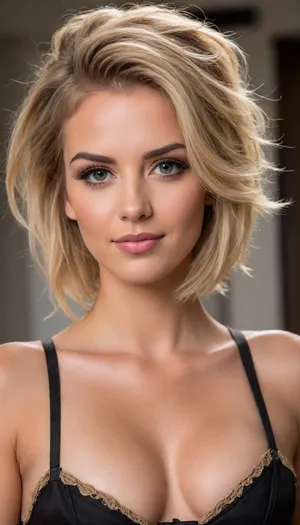 ziprealism, (medium full shot, sharp focus, focus on eyes, perfect eyes, low angle shot:1.2), (fierce young woman, intimate bedroom esthetic, mischievous eyes, rockstar attitude, confidence, poised, regal attitude, sly mischievous smirk), (sandy blonde hair with dark highlights, undercut hair, short hair, thick hair, swept back hair style, stray hair, messy hair:1.8), (powerful facial features, strong jawline, wide jaw, long eyelashes, heavy eyeliner, dimples:1.5), (strict corset, narrow waist:1.6), shallow depth of field, bokeh background, RAW photo quality