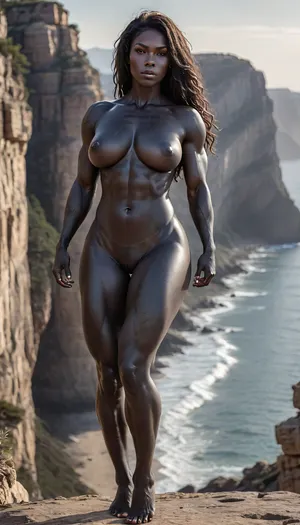 full body view of a voluptuous black African American milf in a dynamic pose, (obsidian skin:1.9), (((standing on a cliff overlooking the ocean in bright sunlight))), ((((facing the sun)))), ((((full body view:1.5)))), (naked:1.6), (huge bolt-on tits and fit toned body:1.4), (thick thighs:1.4), dominant serratus muscles, (powerful obliques:1.3), powerful legs, (strong legs), (muscular thighs:1.4), ((muscular calves)), (((perfect abs:1.4))), (oiled skin:1.3), reflective skin, seductive gaze, flawless eyes, (masterpiece:1.2), long messy hair, (perfect hands:1.4), provocative pose, 4ng3l, face, <lora:uberfit_lora_sdxl:.2>, <lora:SDXL_BetterFaces-LoRA_v1:.9>