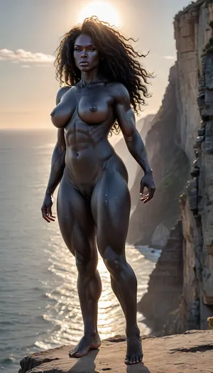full body view of a voluptuous black African American milf in a dynamic pose, (obsidian skin:1.9), (((standing on a cliff overlooking the ocean in bright sunlight))), ((((facing the sun)))), ((((full body view:1.5)))), (naked:1.6), (huge bolt-on tits and fit toned body:1.5), (thick thighs:1.4), (dominant serratus muscles:1.2), (powerful obliques:1.3), powerful legs, (strong legs), (muscular thighs:1.4), ((muscular calves)), (((perfect abs:1.4))), v line on abs, (oiled skin:1.4), reflective skin, seductive gaze, flawless eyes, (masterpiece:1.4), long messy hair, (perfect hands:1.4), provocative pose, 4ng3l, face, <lora:uberfit_lora_sdxl:.2>, <lora:SDXL_BetterFaces-LoRA_v1:.9>