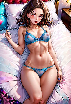 Photograph of a young woman with long, dark brown hair lying on a white bed. She has fair skin, full red lips, and is wearing a matching maroon lace bra and panties. Her bra is semi-sheer, revealing her medium-sized, firm breasts. She has a slim, toned physique with a flat stomach and is looking directly at the camera with a slightly open mouth. Her right hand rests on her lower abdomen, and her left arm is extended to the side. She has dark blue nail polish. Sunlight casts shadows across her body, highlighting her curves. The image is a medium close-up. She appears to be in her early 20s. The background is a simple white bed with no other objects.