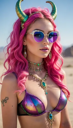 A surreal, fantasy-inspired woman with multicolored flowing hair in neon pink, purple, electric blue, and green, two large curled iridescent horns adorned with glittering bands and jewel-like ornaments, elaborate fantasy headpiece with beads and wrapped fabrics, glowing green eyes with bold eyeliner and dramatic lashes, heart-shaped sunglasses with sparkling pink lenses and gem-crusted rims, ethereal festival makeup with soft pink lips and perfect skin, layered gem-encrusted chokers and necklaces, long ornate earrings, a revealing, low cut jewel-covered top, cleavage, floral tattoo on upper arm, vibrant Burning Man-inspired fashion, glowing sunlight in a desert dreamscape, high-resolution, hyperreal textures, vibrant color palette, magical and whimsical aura, fantasy-meets-cosmic festival aesthetic
