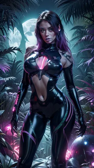 (masterpiece, ultra detailed, highres, 8k), sexy sci-fi fantasy queen, standing confidently in an alien jungle glowing under two giant moons, body in elegant black bodysuit torn at the hips and thighs, revealing glowing purple tattoos on her skin, lush exotic flora around her, massive bioluminescent mushrooms towering above, soft glowing spores in the air, the scene mostly grayscale with bold saturated colors for the flora, magenta, teal, emerald, violet, moons glowing in soft pink and cyan, wet jungle ground reflecting her silhouette, confident and seductive expression, glowing eyes, cinematic alien world