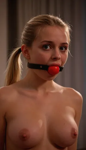 Shy and scared 19yearold blonde German girl naked, small body, huge boobs, pale skin, ponytail, gagged with a ballgag, ball, gag, <lora:gagged-4e:1.3>