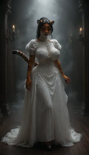(anthro tiger girl:2), a beautiful busty Victorian witch made of smoke in a large wooden hall filled with candelabras everywhere, (black hair in a ponytail), looking at viewer, elegant white dress made of fog with puffy lace sleeves, wasp waist, leather heels, (round breast implants), sunglasses, red lips, ((smiling)), blue eyes, a skull made of glowing smoke floating above her outstretched hand, msfg, <lora:dark:.2>, <lora:fog_creatures_v4:1.7>