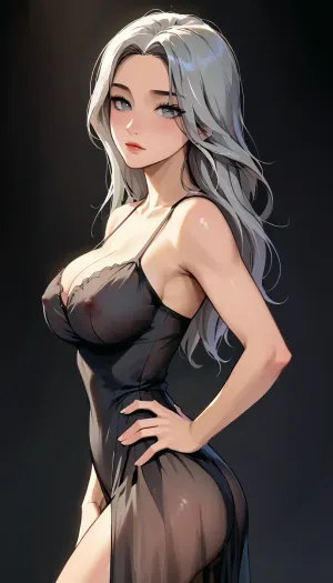 Rating_explicit, ethereal fantasy photography, (score_9, score_8_up, sharp focus, masterpiece, perfect eyes), high resolution, perfect limbs, anatomically accurate, Super realistic, perfect lighting, (best shadow), 8K, UHD, clear image, (best lighting), highest quality, ultra-detailed images, Euro-American, Incredibly beautiful girl naked, grey hair, long hair, realistic Euro-American face, (Euro-American girl Naked), cute face, grey eyes, skinny, ((White skin)), ((glossy skin)), (huge natural breasts), big waist, (Shapely body), wide hips, perfect skin, perfect face, seductive pose, (her face and expression showing a mix of submission and ecstasy and exhaustion), slight eye roll, big round athletic ass, ((half open eyes)), (lustful face), luscious sensual lips, natural beauty, eternal beauty, Side profile close-up, Legacy lighting, bright 1-alpha .5>, long silky raven black hair hides her face in shadow. Minimalistic dark chiaroscuro lighting and creates a dramatic effect. The overall mood of the image is sensual and seductive, with hints of anticipation and desire, (black background, chiaroscuro lighting), ZipRealism, ​Moody, mysterious, magical, shallow depth of field, Shot from Stanley Kubrick movie, shot on Kodak film, (firm, round ass), ((Sexy See-through black dress​)), ((Hand on Hip Pose)), behind view, from side, wide-shot, (j_cartoon:1.5), Drawing, <lora:samdoesarts1.1-000030:.4>, <lora:J_cartoon:.4>, <lora:Animated_Concept:.4>, <lora:reallora1:.5>, <lora:Oxygen girl_SDXL1.0:.5>