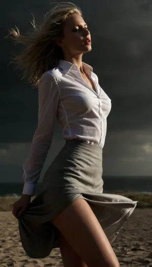 beach, professional photography, high quality, artistic, soft, romantic atmosphere, beautiful thin blonde woman secretary, unbuttoned white shirt, show nipples, show pussy, upskirt, (storm), long skirt, (((windyskirtlift))), (((wind lifting skirt))), ((Wind)), (((strong wind))), undressing, sunlight_str1, <lora:add-detail-xl:2>, <lora:dark:.8>, <lora:undressing_XL_v1:2>, <lora:sunlight_str1-SDXL_v1-dim64-steps1691:.8>