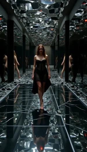 (masterpiece, surreal, horror fantasy), a grand palace hall made of fractured mirrors, infinite reflections distort the space, a woman walks barefoot on a glass floor, her multiple reflections show different versions of her – some monstrous, some divine, she wears a torn ceremonial gown, glowing amber eyes in the darkness behind each mirror, shards hover midair as if frozen in time, the color palette is muted black and silver, except for flickers of glowing red in the mirror fragments, gothic surrealism, eerie symmetry, David Lynch atmosphere