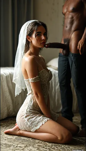interracial cuckold, ((cuckold husband sit on the ground and cry), (super massive extra large black dick), .
A vintage, slightly damaged photograph style of an Iranian bride and groom seated closely on a worn-out bed in a dimly lit bedroom, accompanied by their black skin master standing softly behind them. The bride wears a traditional white dress with delicate lace, the groom in a classic dark suit, and the friend in culturally rich, colorful attire. Warm, low-key lighting casts gentle shadows, creating an intimate, nostalgic atmosphere. Subtle film grain, light scratches, and faded edges add to the authentic aged effect. Expressions are tender and reflective, evoking bittersweet memories and deep connection.










. adjusting, BadX, bad, anatomy, hands, feet, <lora:badanatomy_SDXL_negative_LORA_SeaArtXL_v1:.9>, <lora:MJ52:1>)