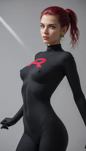 (((((Jessie from Pokemon))))), Posing in a simple black bodysuit, seamless white background, thin body, clean, minimalist aesthetic, soft shadow lighting, focus on body lines, medium body view, professional fashion photography