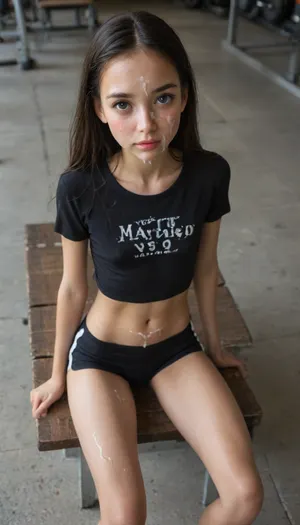 Very pretty 18 year old girl, cute, (young:1.7), 1 girl, solo, half mexican, half british, (very skinny), (very skinny thighs:1.6), skinny legs, narrow hips, small butt, tiny firm butt, athletic, long straight black hair, (long hair), (((view from above and behind))), in gym, she's bending over a bench, showing you her ass, she's looking over her shoulder at you, halfway through a squat, running shorts, black shorts, tight t shirt, dark blue t shirt, small curvy butt, (cum on her face), (facial:1.8), (cum:1.8)
