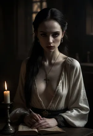Beautiful slender Eastern European woman, (long straight jet black hair slicked back), (angular and refined face with high cheekbones and a narrow nose), full pale lips, (Pale skin:1.9), (Deep set dark brown eyes), (smokey eye makeup), (Wearing somber faded black robes with subtle embroidery, long-sleeved, with a high collar and soft black boots, reinforced with chain mail armor), (A small occult pendant), (reserved expression), (interior dark medieval monestary background), (night:1.6), (sitting at table holding a old dusty book), realistic detailed face, detailed hair, realistic detailed body, realistic detailed skin, realistic detailed saggy breasts, realistic detailed hairy pussy, random view angle, (Calm garceful pose), (full body view), (looking at viewer), detailxl, <lora:add-detail-xl:1.5>, <lora:style_lora_realis:.5>, <lora:dark:1>