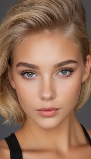 ziprealism, (closeup face shot, sharp focus, focus on eyes, perfect eyes:1.2), (captivating young woman, makeup model, flawless glamor esthetic, mischievous eyes, charismatic presence, confidence, poised, mischievous smirk), (sandy blonde hair with dark highlights, undercut hair, short hair, thick hair, swept back hair style, stray hair, messy hair:1.8), (chiseled cheekbones, delicate face, defined jawline4 large doe eyes, long eyelashes, heavy eyeliner, dimples), (mesmerizing eyes, intense eye contact:1.6), shallow depth of field, bokeh background, RAW photo quality, igbaddie, <lora:igbaddie-XL:.8>