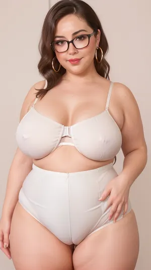 (((BODY FACE FRONT, looking FRONT))), (gilf:1.3), mature, older, ultra detailed, masterpiece, best quality, extremely detailed, sharp focus, illustration, collarbones, perfect hands, hands with five fingers, (GoodHands-beta2:1), (height 60 inches), ((small breasts:1.5)), (round butt), BEDROOM BACKGROUND, cowboy shot, standing, smile, perfect studio lighting, detailed eyes, chubby face, (looks at viewer, sensual smile:1.1), brunette, white spaghetti strap camisole, ((silk, wide fullback panties, full brief, high-waist, high-cut, full coverage, high panties)), buldging mons pubis, buldging, (cameltoe:1.3), chubby pubic mound, FUPA, fat upper pubic area, parted lips, full lips, plump, high legs, wide hips, square hips, big fat hips, saddlebags, chubby thighs, flabby, chubby belly, fat thighs, fat hips, Chubby, Plump, Fat, Rolls, pantybriefs, wearing, cameltoe, (obese:1.1), elderly, woman, brown, hair, in, a, loose, ponytail, right, eye, is, lazy, large, glasses, hoop earings, <lora:torpedo-breasts-v01:.3>, <lora:Concept_Plump:.5>, <lora:pantybriefs-1:.8>, <lora:cameltoe_V2.1:.2>, <lora:Diane Choksondik:.2>