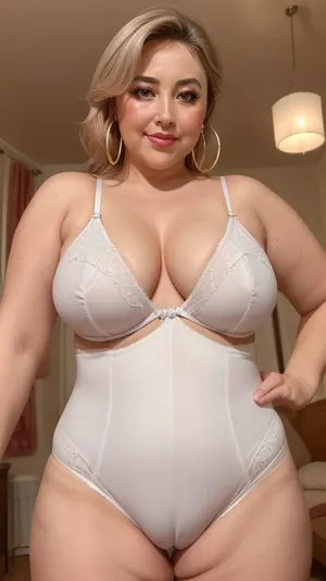 Stepaunt, Lubica, (((BODY FACE FRONT, looking FRONT))), (gilf:1.3), 70 year old mature gilf, mature, older, ultra detailed, masterpiece, best quality, extremely detailed, sharp focus, illustration, collarbones, perfect hands, hands with five fingers, (GoodHands-beta2:1), (height 60 inches), ((small breasts:1.5)), (round butt), BEDROOM BACKGROUND, cowboy shot, standing, smile, perfect studio lighting, detailed eyes, chubby face, (looks at viewer, sensual smile:1.1), white spaghetti strap lace camisole, ((lace, wide fullback panties, full brief, high-waist, high-cut, full coverage, high panties, leotard)), buldging mons pubis, buldging, (cameltoe:1.3), chubby pubic mound, FUPA, fat upper pubic area, parted lips, full lips, plump, high legs, wide hips, square hips, big fat hips, saddlebags, chubby thighs, flabby, chubby belly, fat thighs, fat hips, Chubby, Plump, Fat, Rolls, pantybriefs, wearing, cameltoe, (obese:1.2), hoop earings, <lora:Concept_Plump:.5>, <lora:pantybriefs-1:.9>, <lora:cameltoe_V2.1:.2>
