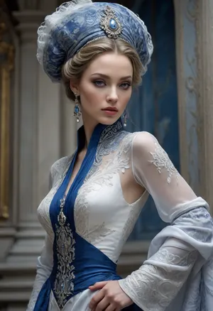 Lee Bogle. John Galliano. Sketch. Woman. High fashion A fashionable fantasy. Architecturally. Northern Khokhloma style. Blue, white, silver. Elegant