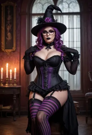 Witch, sitting, (holding skull), dark purple and black striped thigh highs, low-cut black corset top, dark witch hat, pink glasses, dark background, (gothic aesthetic), slightly exaggerated features, (large breasts), haunted manor setting, ornate dark background with pipes, dim lighting, (white skull), soft lighting