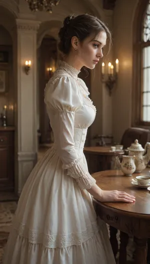 Score_9, score_8_up, score_7_up, score_6_up, Victorian interior, elegant young woman in a detailed Victorian dress, bend over a tea table, drinking tea from a fine porcelain cup, slightly lifted skirt revealing stockings and garter, a well-dressed gentleman standing behind her closely, his hand resting gently on her waist, intense eye contact or a knowing expression, warm candlelight, ornate furniture, rich wallpaper, 19th-century style, ultra realistic, cinematic lighting, fine details, high resolution