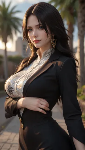 Best quality, masterpiece, high resolution, (neon style:1.5), high detailed face, perfect lighting, best shadow, best frame, dark theme.

//🙎//, (bayonetta3, boa Hancock, mai shiranui), .

//💋// smirk, golden eyeliner, violet eyeshadow, (black wavy hairs:1.5), ((oiled skin)), ((sweaty)), .

//🏛//, (noon, modern buildings, coconut tree), .

//💪//, (standing, half body, front and side view:1.2), .

//👙//, (massive breasts:1.3), .

//🤘//, (neatly dressed), .

//👚//, (white lace_trim shirt), ((black suit), (silver clouds print)), .

//💍//, (), .

//🎬//, (light penetrating through hair strands, glowing tips, golden rimlight, backlight), (strong light shone on her body from forward), extreme reflection, light and shadow contrast, (Depth of field， perspectives), .

//📎//