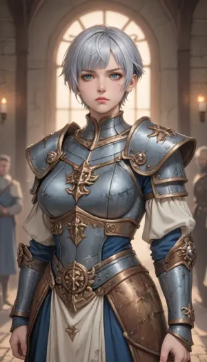 adepta sororitas from warhammer 40k, drawn in anime style with defined muscles all over her body, there is scars dirt and soot on the face, sharp chin, sharp cheekbones, blue eyes, dirty short white hair, pixie cut haircut, disgust at what is happening on her face, extremely muscular body, extremely defined muscles, hourglass figure, perfect round breasts, (adepta sororitas armor:1.8), standing, posing, around the interior of a medieval fortress, illuminated by the torch light, perfect fingers, style anime, inspired illustration, oda, non, front view, adepta, sororitas, <lora:cartoon_stickers_xl_v1:1.4>, <lora:hentai_anime_style_xl_v1:1>, <lora:AnimatedNightmaresStyle:.1>, <lora:EnvyBeautyXL02:.8>, <lora:adepta_sororitas_xl_v1:2>