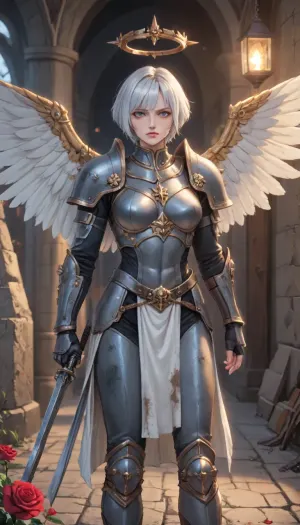 adepta sororitas from warhammer 40k, drawn in anime style with defined muscles all over her body, there is scars dirt and soot on the face, sharp chin, sharp cheekbones, blue eyes, dirty short white hair, pixie cut haircut, disgust at what is happening on her face, extremely muscular body, extremely defined muscles, hourglass figure, perfect round breasts, (adepta sororitas armor:1.8), standing, posing, around the interior of a medieval fortress, illuminated by the torch light, perfect fingers, style anime, inspired illustration, oda, non, front view, whsororitas, edgAdepta, wearing, power, armor, shoulder, skull, emblem, iron, halo, wings, sword, chain, barefoot, ARGENT, SHROUD, BLOODY, ROSE, ADEPTA, SORORITAS, WARSUIT, MECHANICAL, WINGS, sob, <lora:cartoon_stickers_xl_v1:1.4>, <lora:hentai_anime_style_xl_v1:1>, <lora:AnimatedNightmaresStyle:.1>, <lora:EnvyBeautyXL02:.8>, <lora:Sisters-of-Battle-subset-000004:1.3>