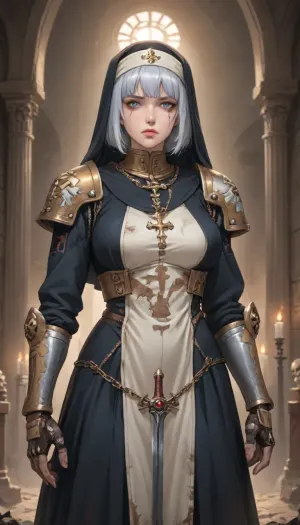 adepta sororitas from warhammer 40k, drawn in anime style with defined muscles all over her body, there is scars dirt and soot on the face, sharp chin, sharp cheekbones, blue eyes, dirty short white hair, pixie cut haircut, disgust at what is happening on her face, extremely muscular body, extremely defined muscles, hourglass figure, perfect round breasts, (adepta sororitas:1.4), nun's headdress, standing, posing, around the interior of a medieval fortress, illuminated by the torch light, perfect fingers, style anime, inspired illustration, oda, non, front view, whsororitas, edgAdepta, wearing, power, armor, shoulder, skull, emblem, sword, chain, ARGENT, SHROUD, BLOODY, ROSE, ADEPTA, SORORITAS, WARSUIT, MECHANICAL, sob, space, marine, adepta, sororitas, warhammer, 40k, wh40k, <lora:cartoon_stickers_xl_v1:1.4>, <lora:hentai_anime_style_xl_v1:1>, <lora:AnimatedNightmaresStyle:.1>, <lora:EnvyBeautyXL02:.8>, <lora:WH40XL:1.2>