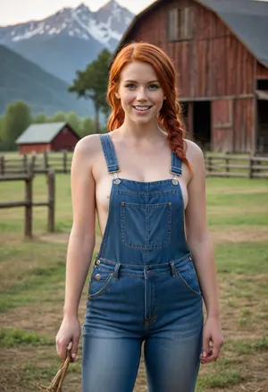 Tanya, female farm worker, (fit), red hair, pigtails, ((big breasts)), denim overalls, (naked overalls), (no shirt), (no bra), straw cowboy hat, holding pitchfork, bright colors, pastel tones, farm scene with wooden barn, mountains in background, slightly exaggerated features, soft lighting, action pose, smiling kindly at viewer
